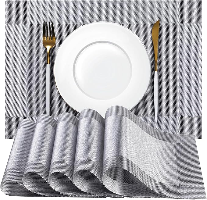 Placemats Set of 12 - Easy Clean Woven Vinyl Placemats for Dining Table, Indoor/Outdoor Place Mats, Washable PVC Table Mats （Silver Cube）