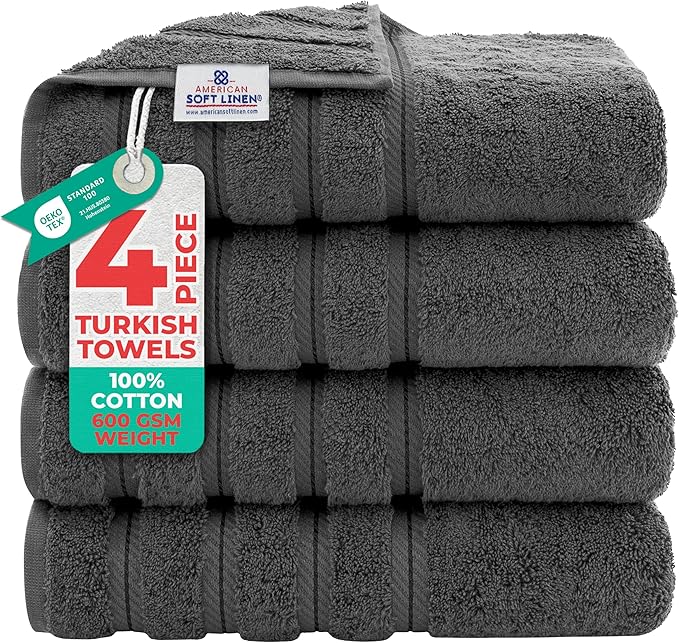 American Soft Linen Luxury 4 Piece Bath Towel Set, 600 GSM 100% Cotton Turkish Bath Towels for Bathroom, 27x54 in Large Bathroom Shower Towels, Dark Gray