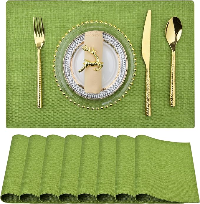 SLKQG Green Linen-Look Placemats Set of 8, Heat Resistant & Machine Washable Double-Layered Cloth Placemats for Dining Table, Indoor/Outdoor Use, Non-Slip Kitchen Table Mats (8, Green)