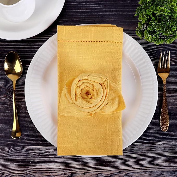 FINGERCRAFT Cloth Napkin Hemstitched 20x20 Inch Generous Picot Hem, Mitred Corner, Everyday Use Premium Quality High GSM and Good Absorbency Set of 12 Easter Color Daffodil