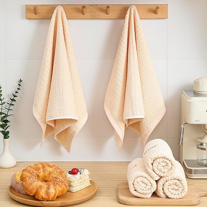 SALAS Kitchen Dish Towels, Bulk Cotton Kitchen Hand Towels, Black Plaid Dish Cloths Rags for Drying Dishes with Hanging Loop, 16‘’ x 26‘’, 3 Packs, Beige