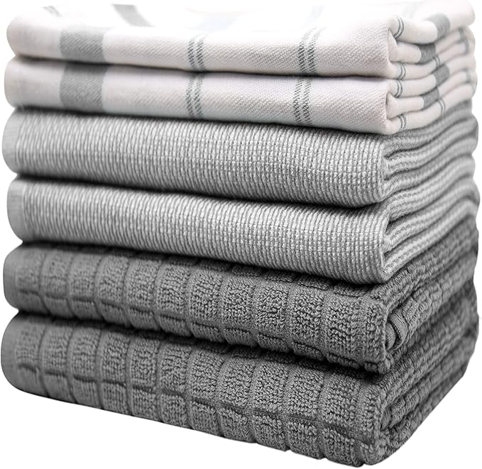 Premium Kitchen Towels (20”x 28”, 6 Pack) | Large Cotton Dish Towels | Flat & Terry Highly Absorbent Kitchen Linen Set with Hanging Loop | Grey Check