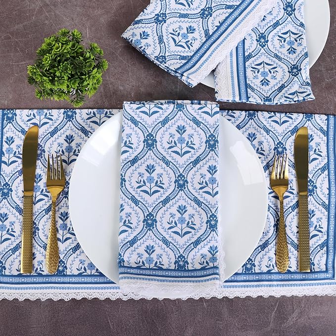 Fingercraft Dinner Cloth Napkin Cotton Linen Blend 12 Pack Mitered Corners with Elegant Lace for Everyday Use Napkins are Pre Shrunk and Good Absorbency (Damask, 20in x 20in (Set of 12))
