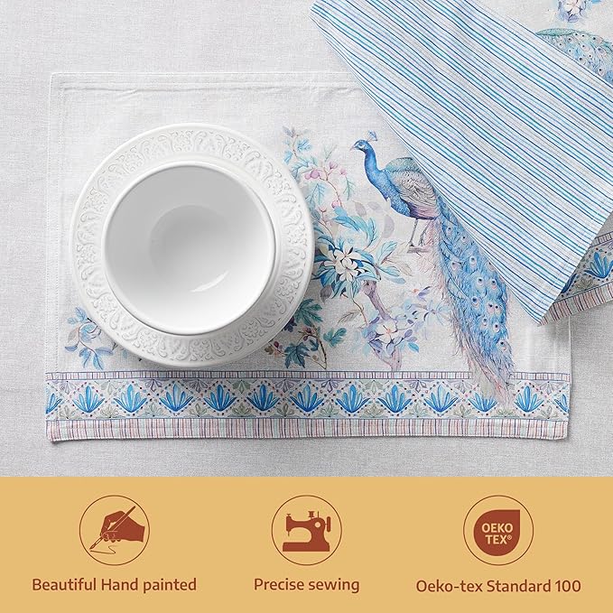Maison d' Hermine Placemat 100% Combed Cotton Premium Cloth Placemats 13"x19" Washable Place Mats, Home, Kitchen, Dining, Cocktail Parties & Camping - Peacock Utopia (Set of 4)