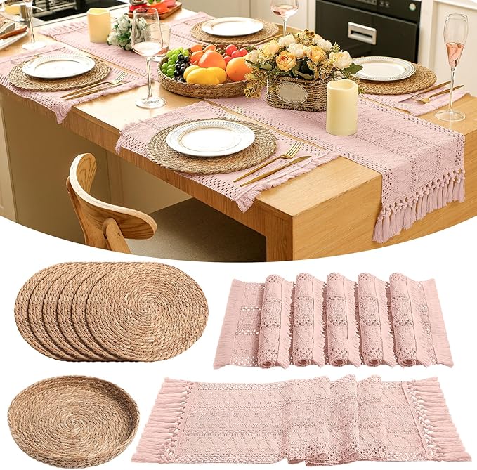 Boho Placemats 4/6/8 Set of Round Woven Placemat Macrame Style Bicolor Stitching Long Table Runner Farmhouse Rustic Natural Burlap Cotton for Kitchen Dining Table(6 Sets,Pink,12x72)