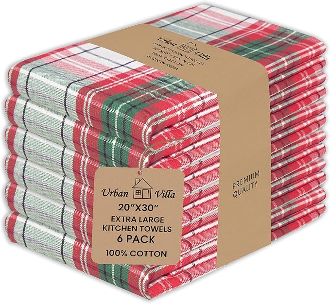 Urban Villa Christmas Kitchen Towels 100% Cotton Dish Towels for Kitchen (Set of 6) 20”x30” Dish Cloths Absorbent Kitchen Linen Set with Hanging Loop Perfect for Drying Dishes Cleaning – Christ Check