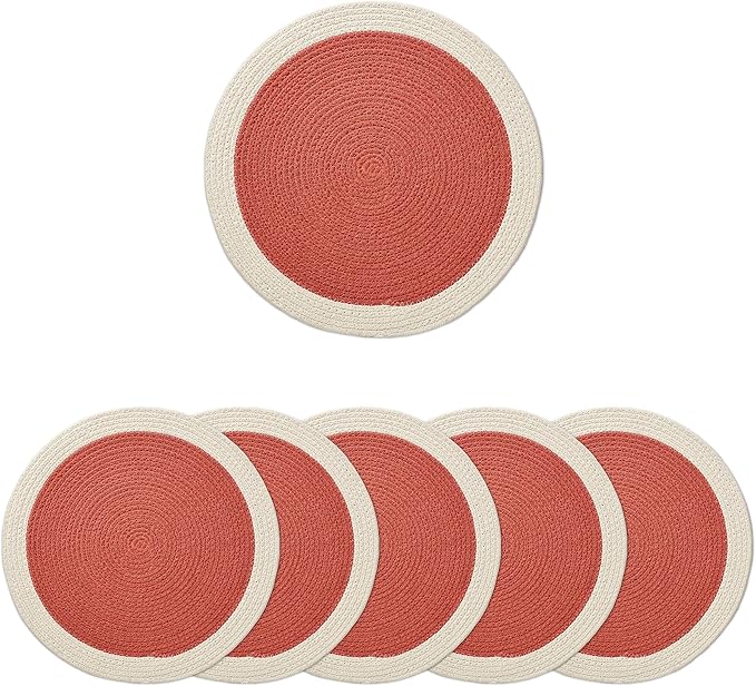 Encasa XO Dining Placemats Set of 6 | Cotton Round Table Mat - 13 in Diameter | Coral & Off White | Handmade Rib Style Chargers for Dinner Plates