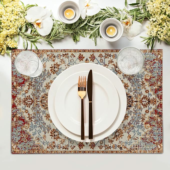aportt Ethnic Boho Placemats Set of 6 Southwest Brown Blue Carpet Woven Texture Linen Washable Kitchen Dining Table Mats Stain Heat-Resistant Desktop Decor Place Mats for Home Party Indoor 12x18 in