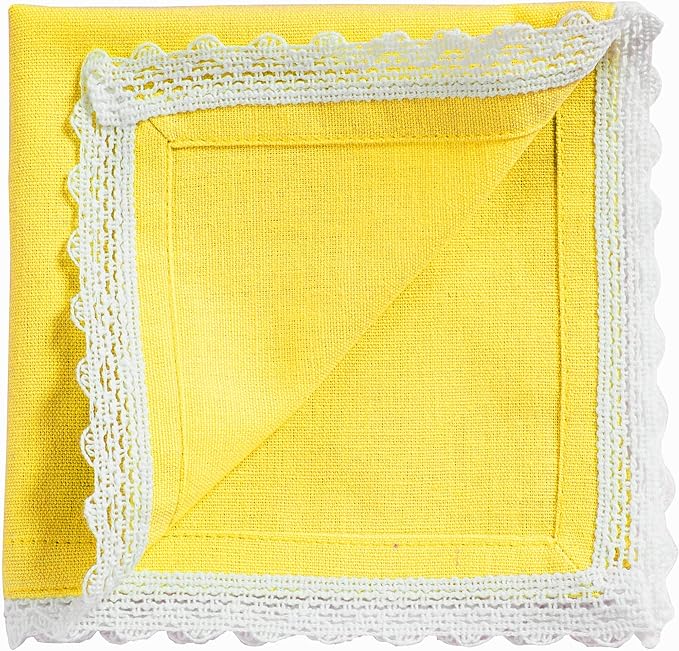 Fingercraft Dinner Cloth Napkin Cotton Linen Blend 12 Pack 12In Mitered Corners with Elegant Lace for Everyday Use Napkins Cloth are Pre Shrunk and Good Absorbency Yellow