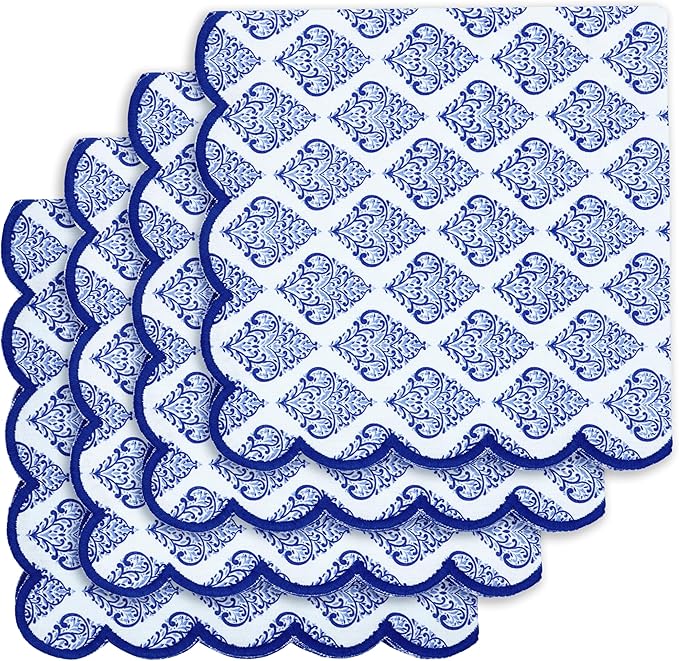 PurpleEssences Scalloped Embroidery Cloth Napkins - Spring Easter Summer - Table Decor - 100% Cotton - Set of 4-18x18 inch - Floral Paisley Edges - Blue