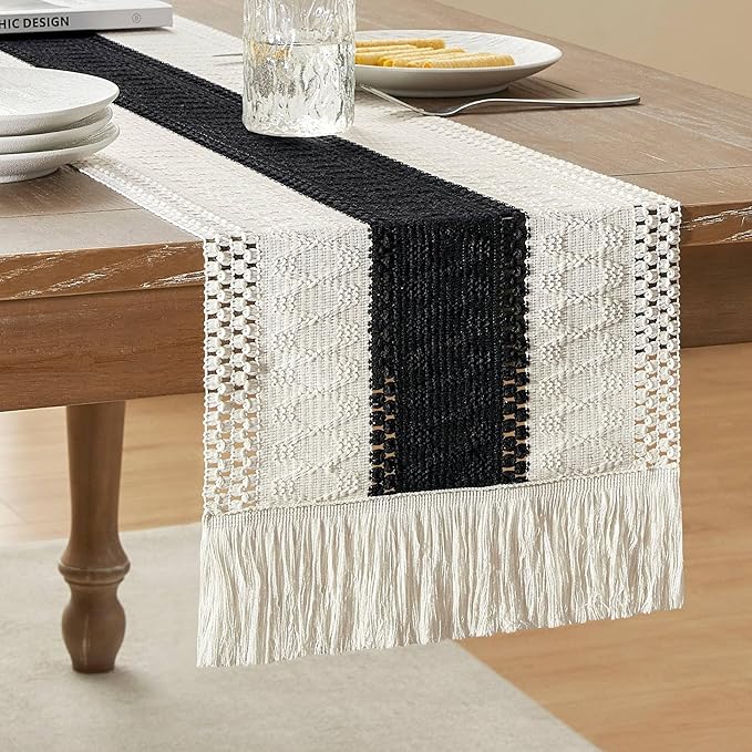 ZeeMart Macrame Style Bicolor Stitching Table Runner, 12 x 108 Inch Black/Ivory, Boho Black Table Runners 108 Inches Long, Farmhouse Woven Home Decor