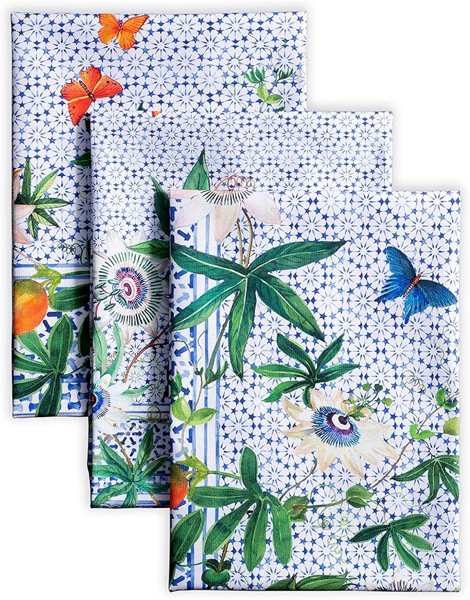 Maison d' Hermine Kitchen Towels Set of 3 100% Cotton 27.50" x 20" Reusable Cloth Tea Dish Towels Absorbent with Hanging Loop for Kitchen Gifts for Mothers Day Spring/Summer (Passiflora)