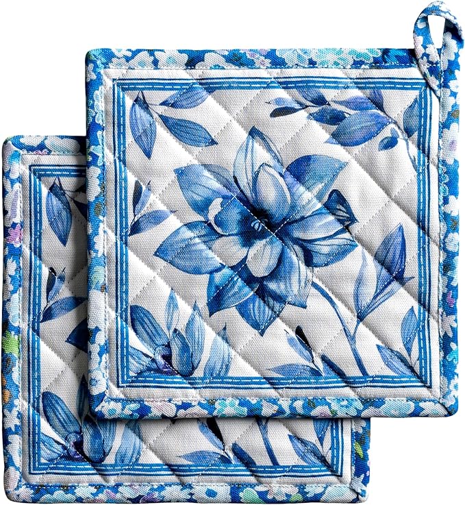 Maison d' Hermine Pot Holders 100% Cotton Heat Resistant Potholders 8" x 8" Hot Pads with Loop BBQ Cooking Baking Gifts for Mothers Day Handling Hot Pans Spring/Summer (Pack of 2, Summer Blues)