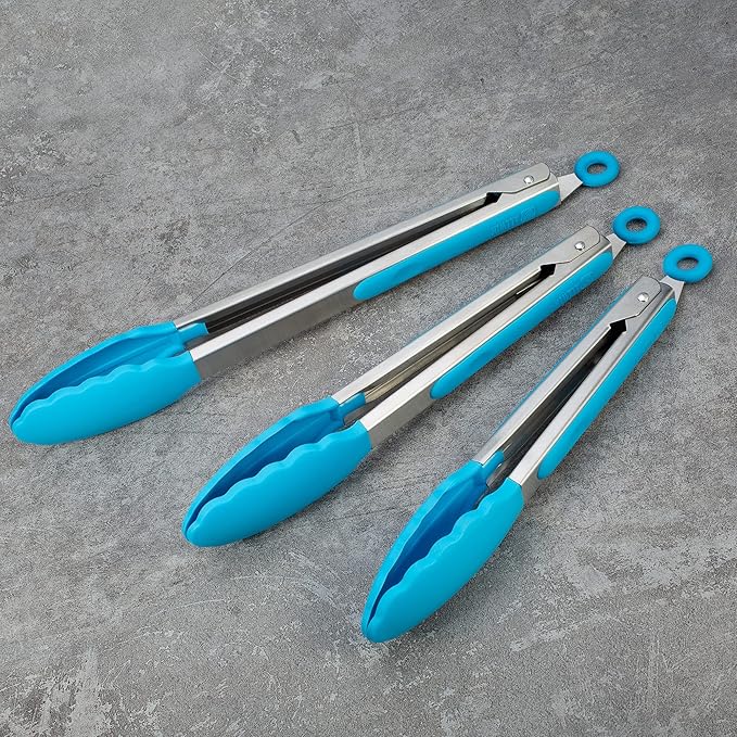 3 Pack Blue Kitchen Tongs, Premium Silicone BPA Free Non-Stick Stainless Steel BBQ Cooking Grilling Locking Food Tongs, 9-Inch 10-Inch & 12-Inch