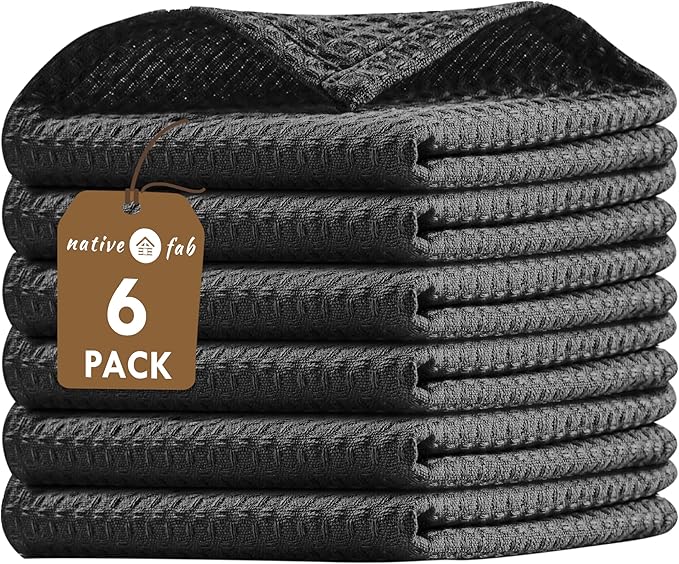Native Fab 6 Pack Waffle Dish Cloths - 12x12 inches, 100% Cotton, Soft, Absorbent & Quick Drying Towels for Cleaning, Cooking & Baking - Great for Home, Restaurants, Bars, Multipurpose Use - Black
