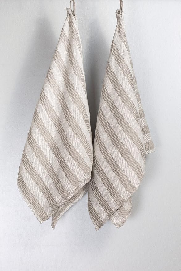 Jacquard Striped Pure 100% Linen Hand Kitchen Towel, 16 x 30 Inches, Set of 2, Grey/White