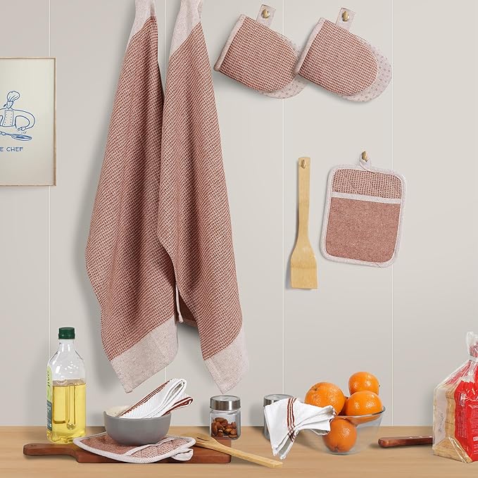 Casa Platino Potholders for Kitchens, 8-Piece – 500°F Heat Resistant Oven Mitts and Pot Holders, Mini Oven Mitt with Silicone Grip, 2 Kitchen Towels & 2 Dish Cloths – Durable & Non-Slip – Canyon Rose