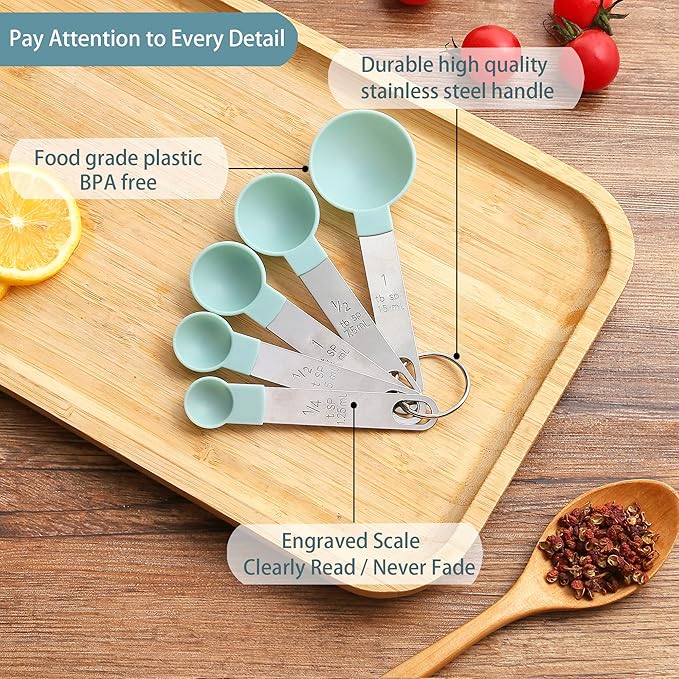 Measuring Cups and Spoons Set of Huygens Kitchen Gadgets 10 Pieces, Stackable Stainless Steel Handle Measuring Cups for Measuring Dry and Liquid Ingredient (Lake blue)