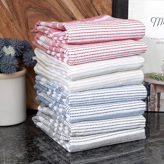 T-Fal Premium Dual-Sided Skipping Striped Kitchen Towels (2-Pack), 18" x 28", Highly Absorbent, Long-Lasting, Reversable 100% Flat-Weave Cotton Dish Towels, Hand Towels, Bar Towels, Paprika