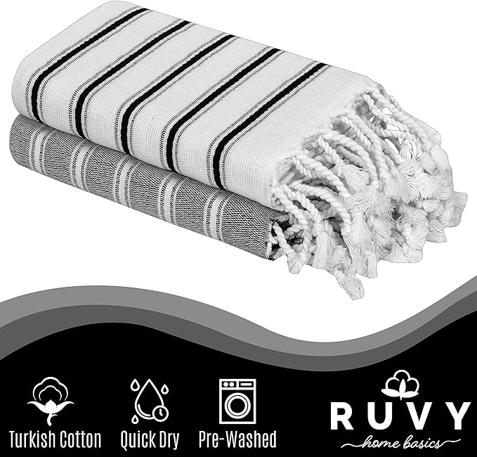 Ruvy Home Basics Turkish Hand Towels for Bathroom Set of 2 | 18"x40", Cotton | Decorative Towel for Bathroom, Kitchen, Dishcloth, Tea, Yoga, Face, Gym - Black