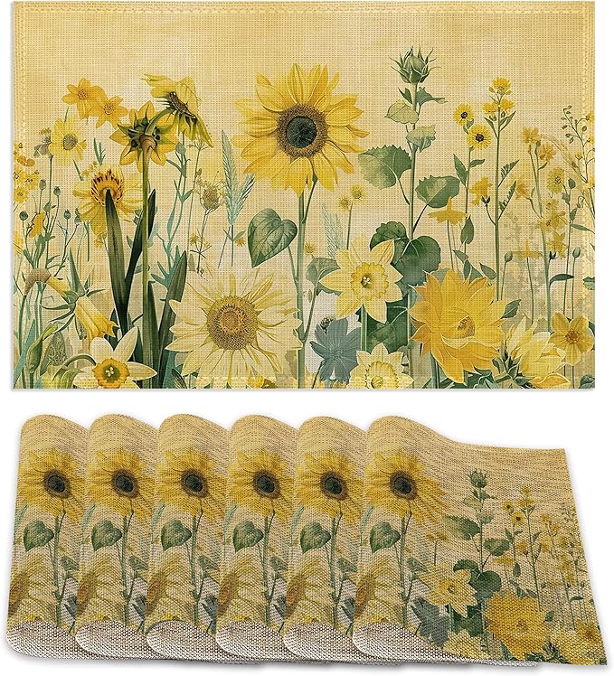 Placemats12x18 Inch,Yellow Floral Placemats,Sunflower Daisy Kitchen Dining Coffee Table Mats Set of 6 for Home Indoor Outdoor Party