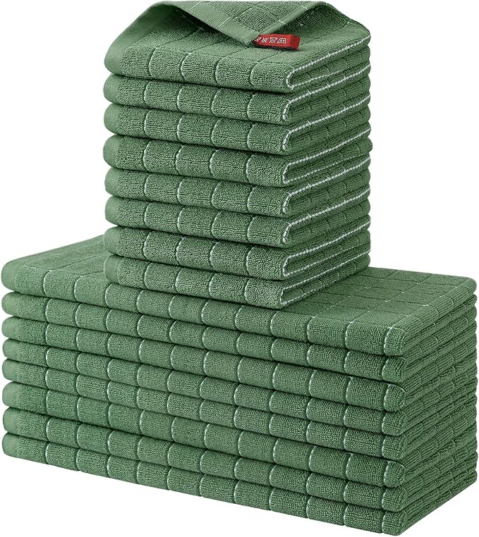 Homaxy Kitchen Towels and Dishcloths Set, 12 x 12 and 13 x 28 Inches, Set of 16 Bulk Cotton Terry Kitchen Towels Set, Checkered Designed, Soft and Super Absorbent Dish Cloths, Grass Green