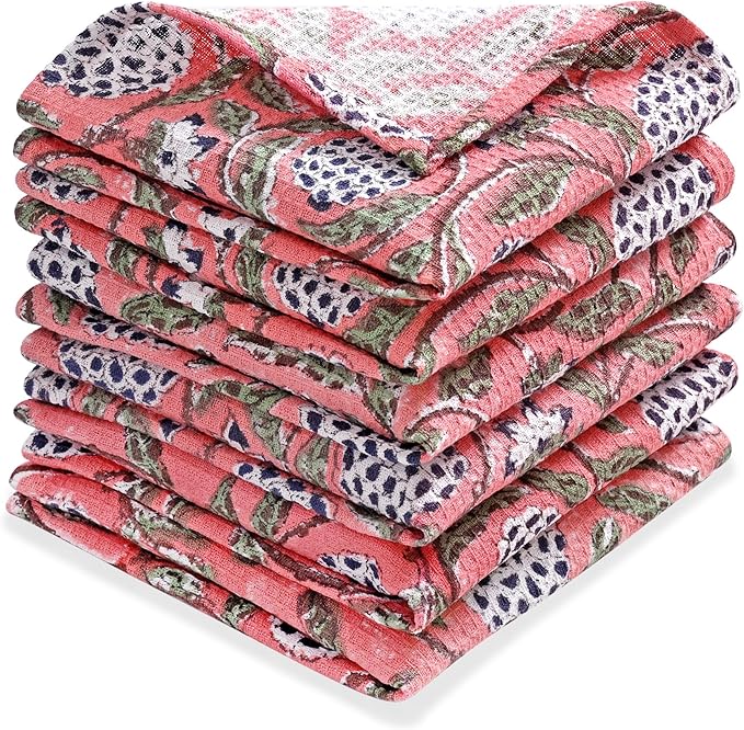 Ridhi Dark Salmon Pink Hand Block Print Cotton Waffle Dish Cloth Set of 6-12x12 Inch Super Absorbent, Soft, Reusable Kitchen Towels for Dish Drying Cleaning, Ideal for Spring, Easter, Valentine