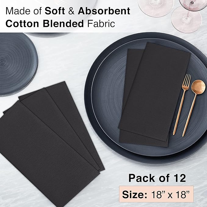 Ruvanti Cloth Napkins set of 12, 18x18 Inches Napkins Cloth Washable, Soft, Durable, Absorbent, Cotton Blend. Table Dinner Napkins Cloth for Hotel, Lunch, Restaurant, Weddings, Events, Parties - Black