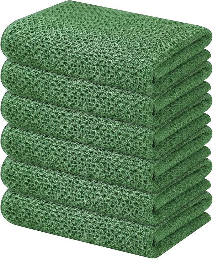 Kitinjoy 100% Cotton Waffle Weave Kitchen Hand Towels (13 X 28 Inches, Grass Green), 6-Pack Super Soft and Absorbent Dish Towel for Drying Dishes