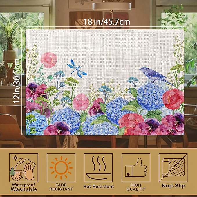 Vintage Floral Botanical Butterfly Placemats Set of 6, 12x18 Inch Waterproof Stain Resistant Linen Table Placemats Summer Seasonal Farmhouse Kitchen Party Decor Home Decor