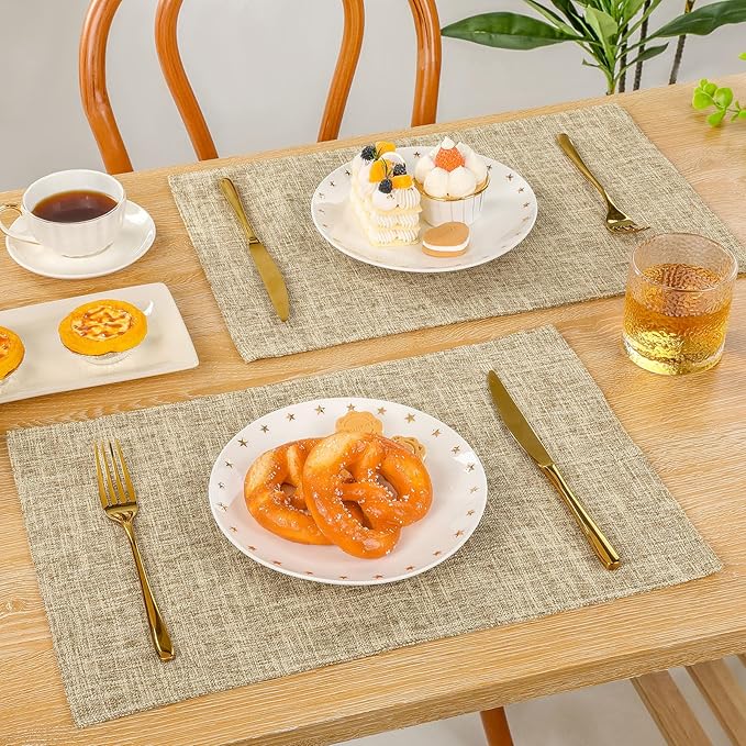 SHACOS Fabric Placemats Set of 4 Washable Heat Resistant Place Mats Non Slip Double Layer Thickened Rustic Farmhouse Table Mats Indoor Outdoor, Khaki