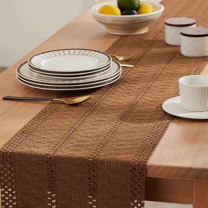 ZeeMart Macrame Style Boho Table Runner, Brown Table Runners 90 Inches Long, Farmhouse Woven Home Decor, 12x90 Inch, Caramel