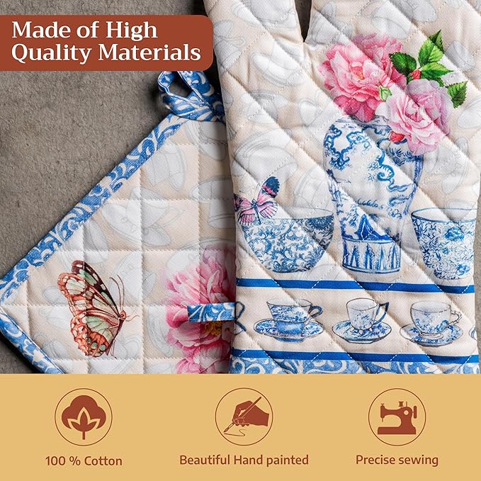 Maison d' Hermine 100% Cotton Oven Mitt & Pot Holder Set (7.5"x13" & 8"x8") Heat Resistant BBQ Cooking Gloves with Loop Baking Grilling Kitchen Gifts for Mothers Day Spring/Summer (Canton)
