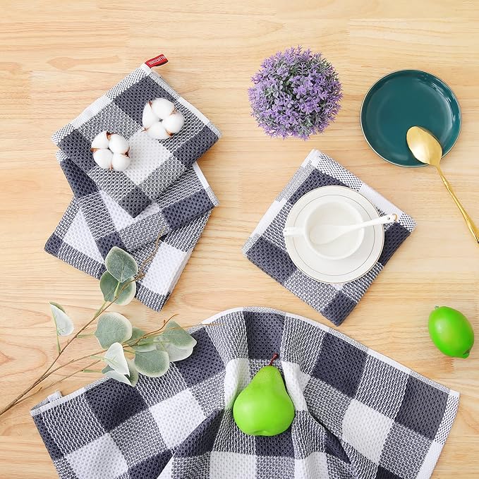 Homaxy 100% Cotton Waffle Weave Check Plaid Dish Cloths, 12 x 12 Inches, Super Soft and Absorbent Dish Towels Quick Drying Dish Rags, 6-Pack, White & Dark Grey