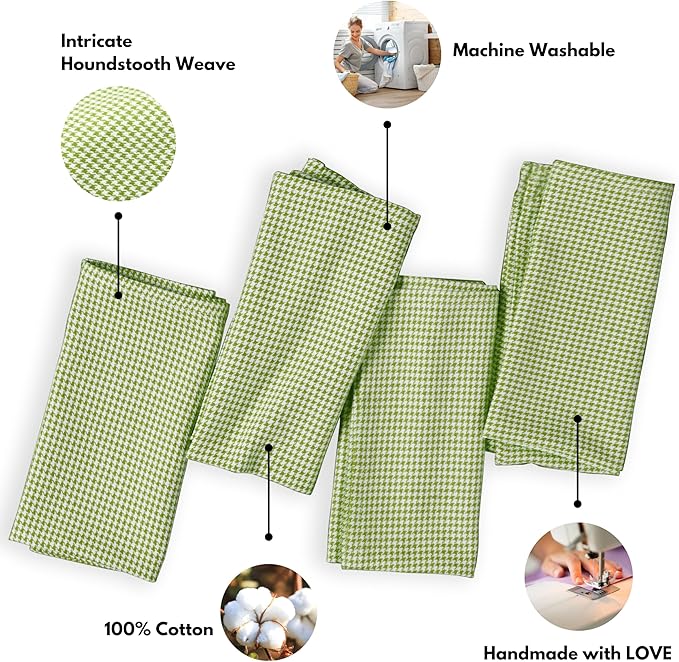Mint Green Cloth Napkins 12 Pack, 18x18 Inches, 100% Cotton, Houndstooth Check Pattern, Soft, Decorative Washable Table Linen for Dining, Family Dinner, Easter Brunch, Spring Wedding