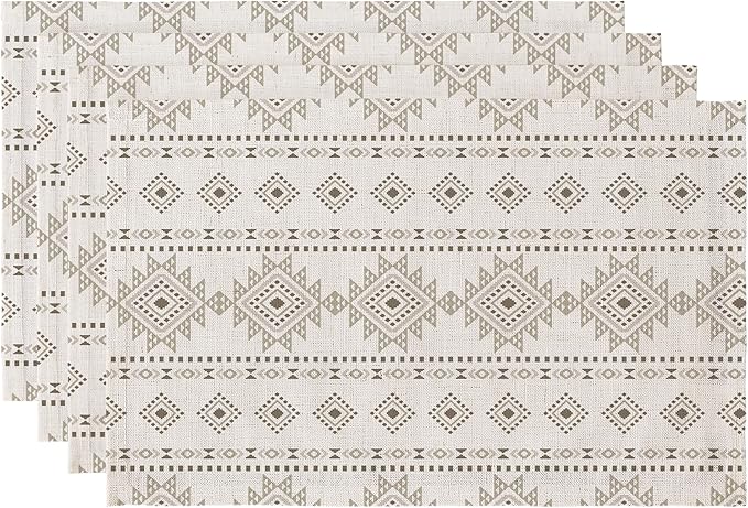 LilyCat Linen Fabric Geometric Stripes Placemats, Durable Boho Dining Table Mats for Kitchen, Rustic Vintage Washable Place Mats Set of 4, 18’’× 12’’