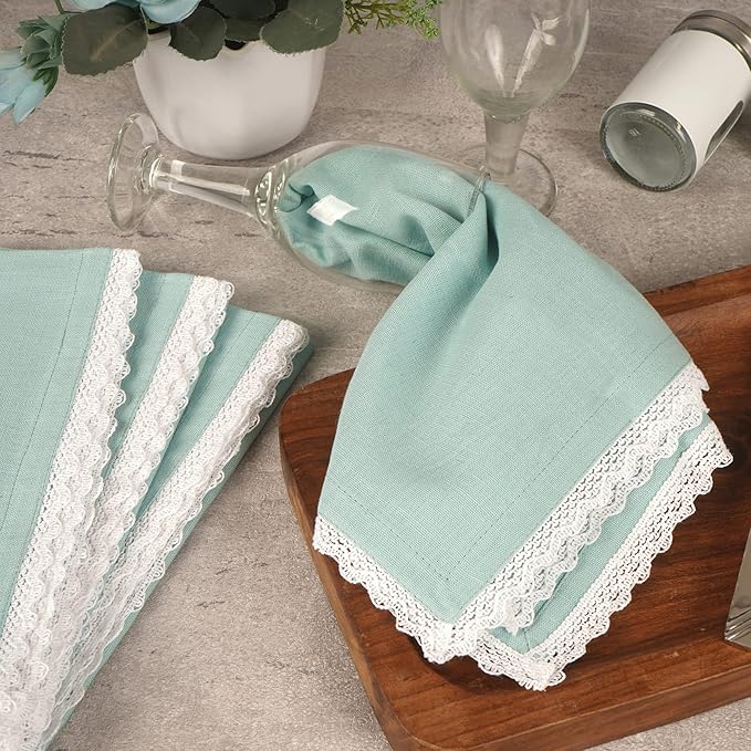 Fingercraft Dinner Cloth Napkin Cotton Linen Set of 12 Mitered Corners with Natural Elegant Lace for Everyday Use Napkins are Pre Shrunk and Good Absorbency with Lace 20x20 in Aqua Easter Color