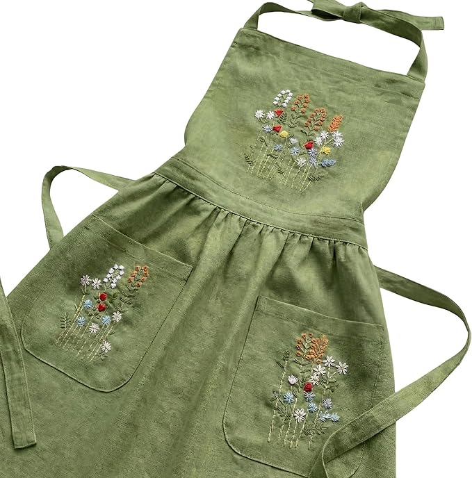 +Linen Embroidered +Apron For +Women With +Pockets, Cute Kitchen Apron, +Cooking +Baking Gifts For Her