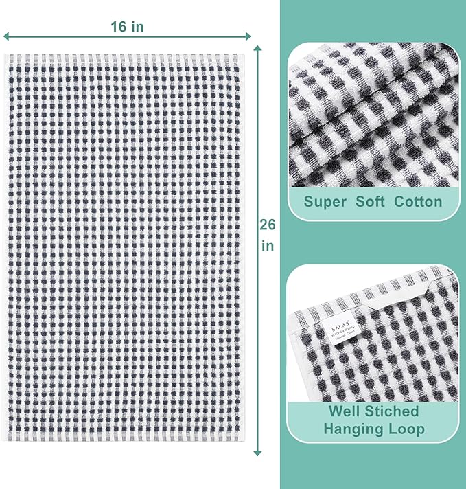 SALAS Cotton Dish Towels Cloths for Kitchen Drying Dishes, Lattice Terry Towels, Highly Absorbent Kitchen Cloths with Hanging Loop, 16‘’ x 26‘’, 4 Packs, Gray