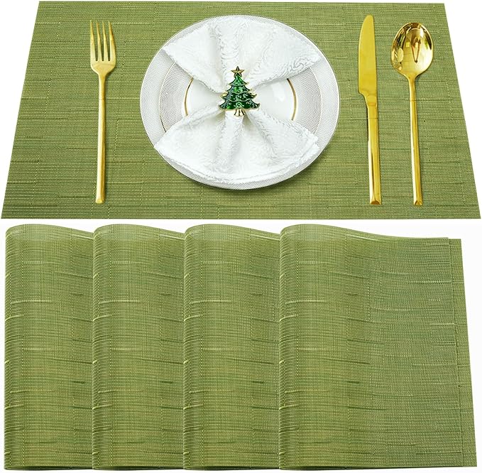 Placemats Set of 4,Washable,Heat and Stain Resistant Indoor/Outdoor Place mats,Vinyl Woven Non Slip Table Mats for Restaurant Table Protection,PVC Placemats(Green,4PCS)
