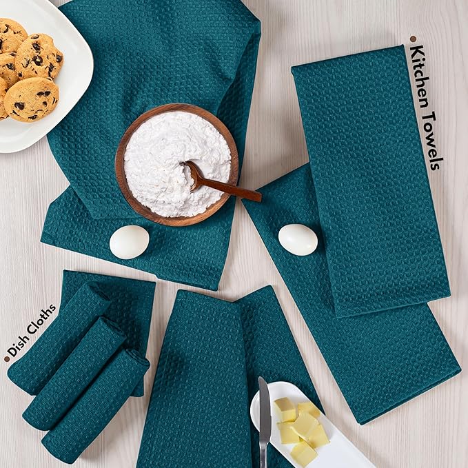 Native Fab 100% Cotton Dish Towel & Dishcloths Set - 8 Piece Set, Soft, Absorbent, Fast Drying, Durable Towels for Cleaning, Baking, Cooking - Great for Home, Kitchen & Restaurant Use - Teal Green