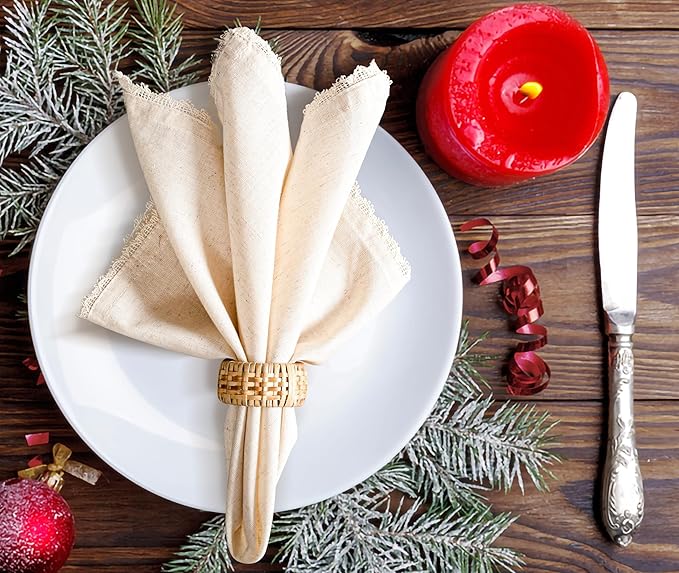 Lightnpro Cloth Dinner Napkins in Cotton Flax Fabric with Lace & Tailored Mitered Corners – 18x18 Inch Set of 12, Wedding, Baby Shower & Cocktail Napkin, Machine Washable Fabric Napkins Natural Color
