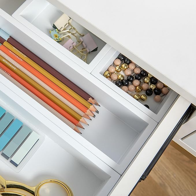Martha Stewart Enzo Wooden Desk Drawer Organizer Set, Engineered Wood Organizers in Various Sizes, 6 Piece, White