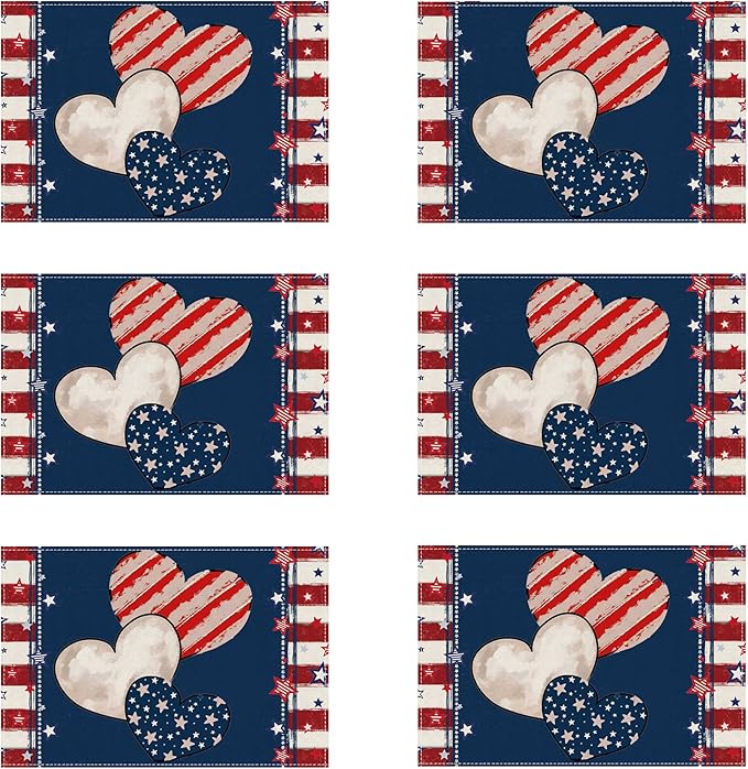 Heart Stripe Stars 4th of July Placemats Set of 6 12x18 Inch Patriotic America Memorial Day Independence Day Table Decorations Cloth Table Mats