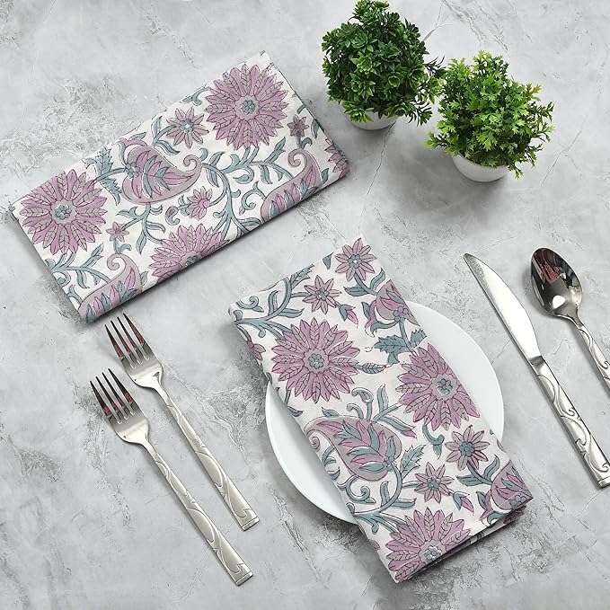 CPC Cloth Napkins 100% Cotton Set of 4 Reusable Napkins, Indian Block Print Toile Floral Dinner Napkin, Fall Thanksgiving Christmas Holiday Party Gift - Soft Absorbent Napkin, 18"x18" Lavendar Flower