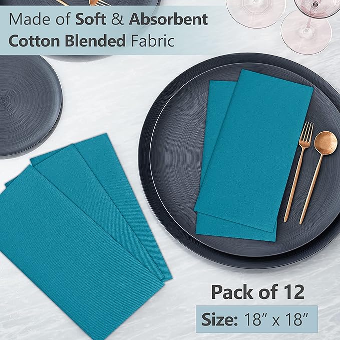 Ruvanti Cloth Napkins Set of 12, 18x18 Inches Napkins Cloth Washable, Soft, Durable, Absorbent, Cotton Blend. Table Dinner Napkins Cloth for Hotel, Lunch, Restaurant, Weddings, Events, Parties - Teal