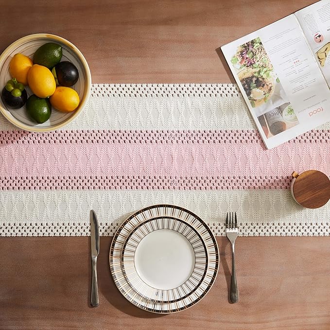 ZeeMart Macrame Style Bicolor Stitching Table Runner, 14 x 108 Inch Light Pink/Ivory, Boho Pink Table Runners 108 Inches Long, Farmhouse Woven Home Decor