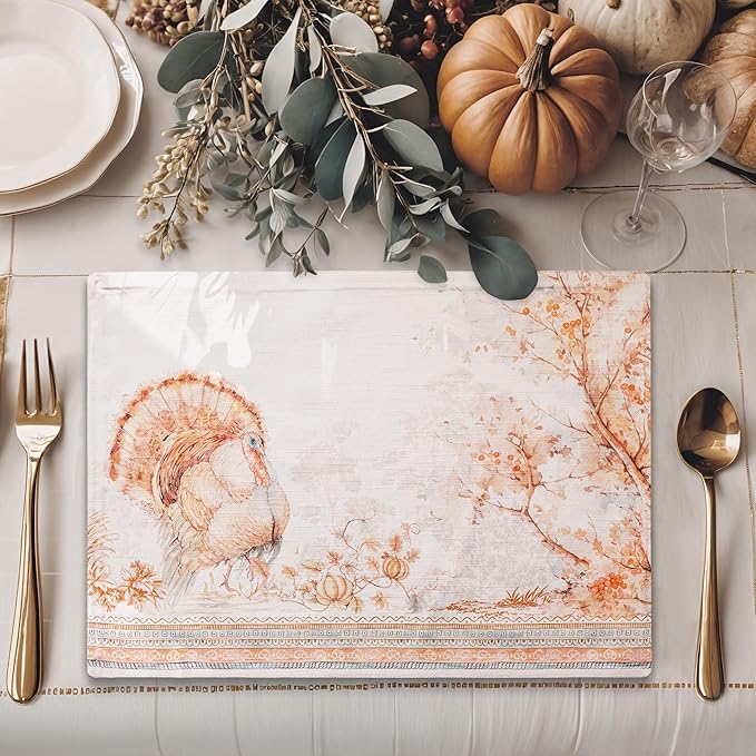 Maison d' Hermine Placemats Set of 4 100% Cotton Washable Cloth Place Mats, Reusable Table Mats for Thanksgiving Christmas Decorations Kitchen Dining Party Wedding (Giving Thanks, 13" x 19")