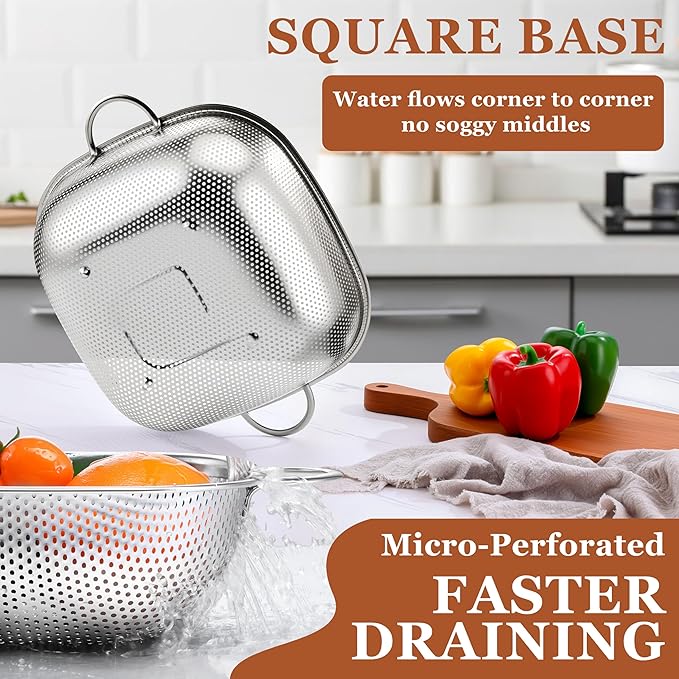 E-far 4QT Square Stainless Steel Colander - Metal Strainer with Handle for Draining Pasta & Vegetables, Micro-Perforated & Elevated Feet, Dishwasher Safe