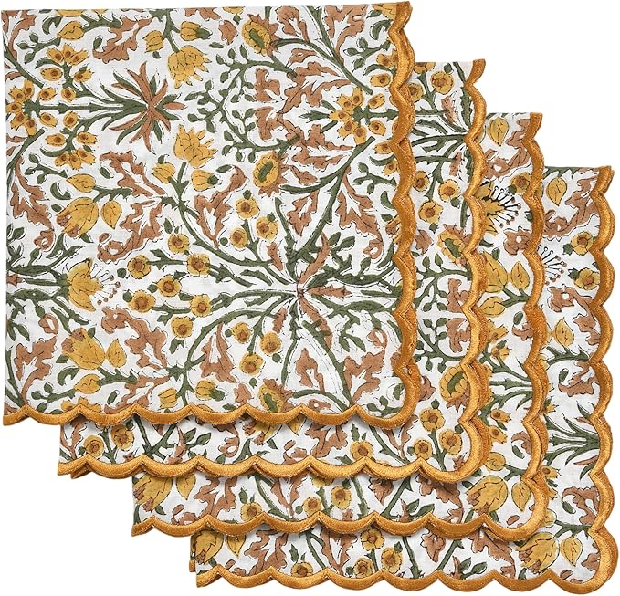 Ridhi Hand Block Print Goldenrod Yellow 18" x 18" (Set of 4) Embroidery Table Napkins Reusable Cotton Dinner Napkins for Weddings, Parties, Everyday Dining Gift for Spring, Easter, Valentine